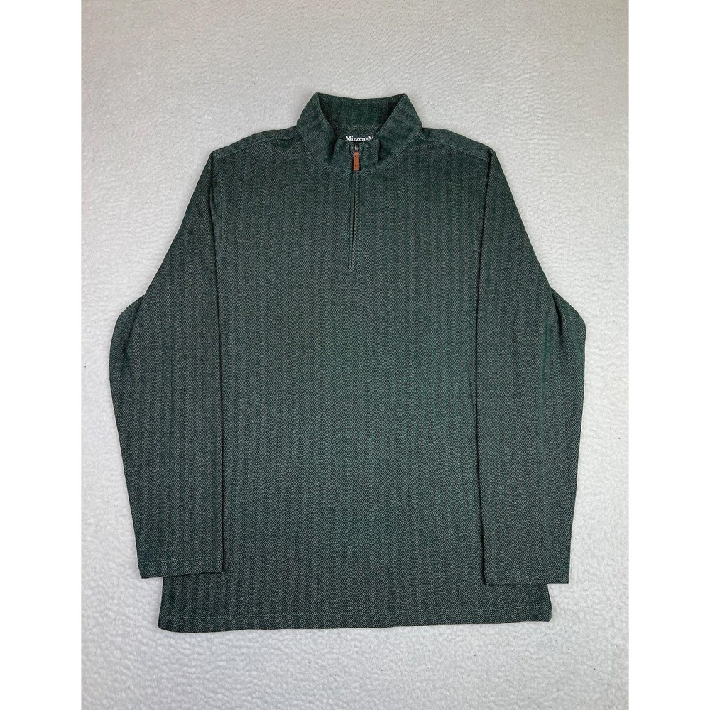 Mizzen+Main Sweater Mens Medium Green Herringbone 1/4 Zip Mock Neck Pullover